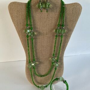 Hand Crafted Necklace Wrap Bracelet Drop Earrings Set Lime Green Double Strands